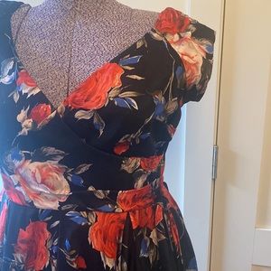 Black 50’s style tea length dress with rose floral pattern